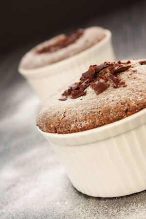 Chocolate souffle with chocolate chips の写真素材