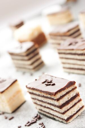 Various cake pieces of chocolate and vanilla filling.の写真素材