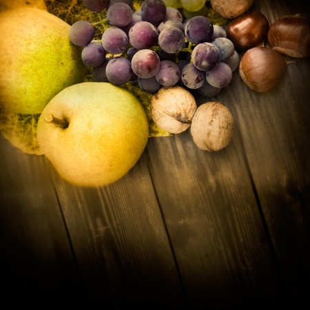 Nature background made of autumn fruit and beautiful sunlight in the back. Grapes, chestnut, vine leaf, walnuts, quince and apples.の写真素材