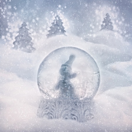 Snow globe with snowman. Winter Christmas background with snow globeの写真素材