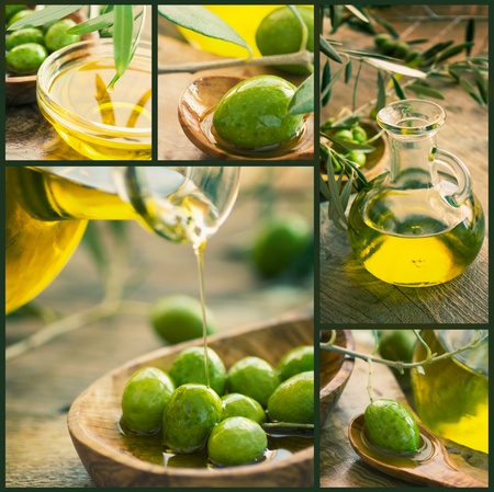Olive harvest collage made of five images. Freshly harvested olives, olive oil on olive woodの写真素材