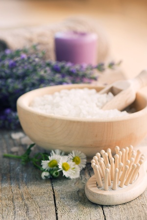 Spa setting with lavender, towel and natural soapの写真素材