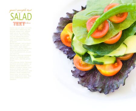 Vegetable healthy salad arranged in pyramid with copyspace. Cherry tomatoes, spinach, lettuce, cucumber, cabbage and chilli pepper.の写真素材