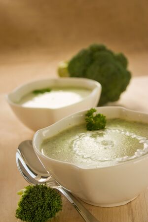 Rich vegetable broccoli soup with cream garnishの写真素材