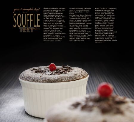 Chocolate souffle with chocolate chips and red currantの写真素材
