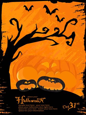 Spooky grunge halloween theme with pumpkins and bats. Available space for your text. のイラスト素材