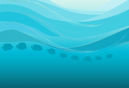 Underwater background with school of fish in a row and lovely painted waves and available space for text. のイラスト素材