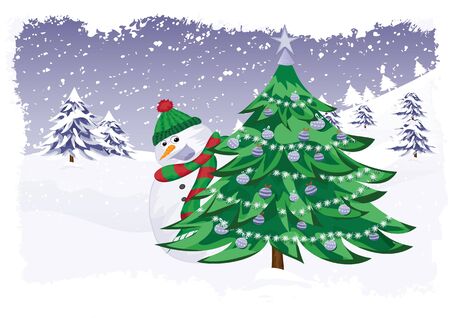 Christmas theme in the forest with snowman and Christmas treeのイラスト素材