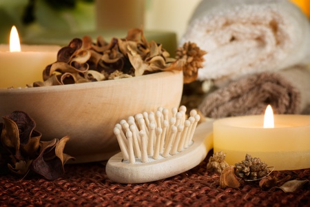 Spa setting with potpourri and candlesの写真素材