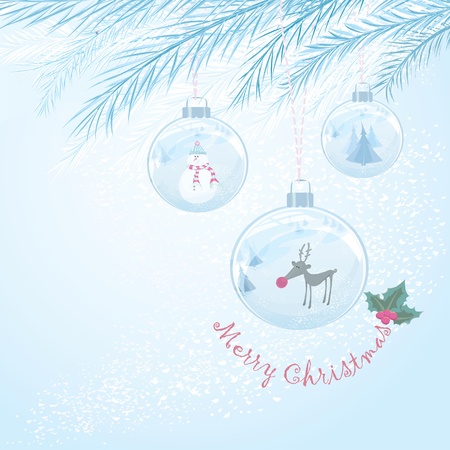 Vector Christmas series. Holiday greeting card with Rudolph, snowman, and trees inside glass ornaments.のイラスト素材