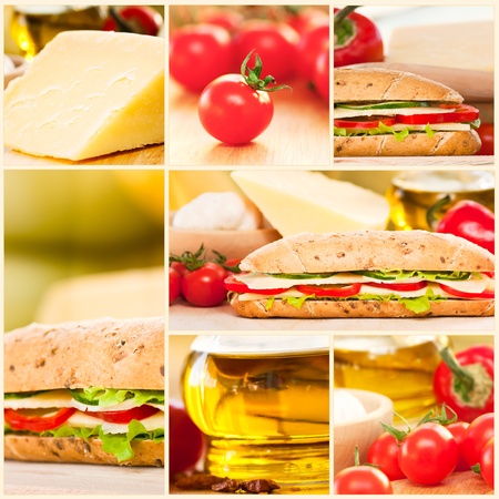 Collage of cheese sandwich with vegatables.の写真素材