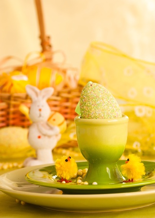 Easter setting with Easter eggs, chicks and rabbit.の写真素材