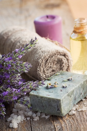 Spa setting with lavender, towel and natural soapの写真素材