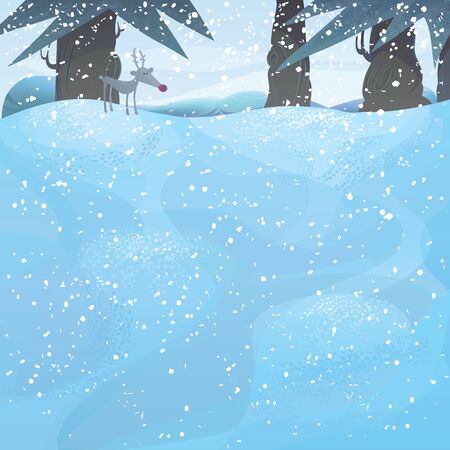 Christmas series with copyspace.winter landscape with pine trees and Rudolph and the frozen meadowのイラスト素材