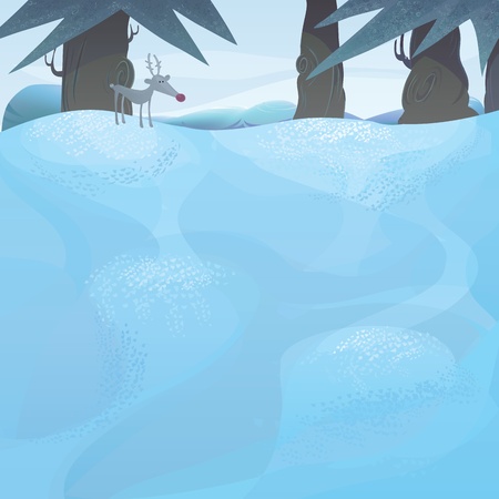 Christmas series with copyspace.winter landscape with pine trees and Rudolph and the frozen meadowのイラスト素材