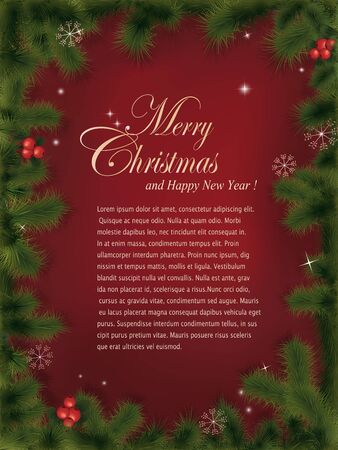 Christmas greeting card. No transparency used. Christmas fluffy tree branches with natural ornaments and red bokeh background.のイラスト素材