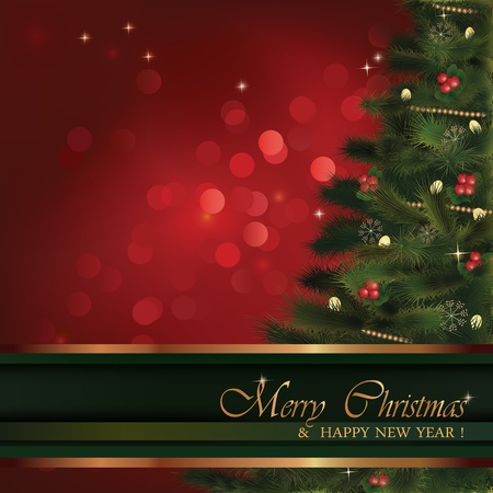 Christmas greeting card. No transparency used. Christmas fluffy tree with natural ornaments and red bokeh background. Background is in its separate layer and can be used on its own.のイラスト素材