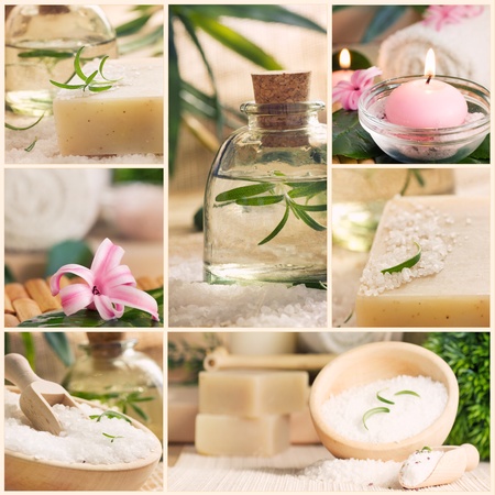 Spa series. Spa collage made of five images. Floral water, bath salt, candles and towel.の写真素材