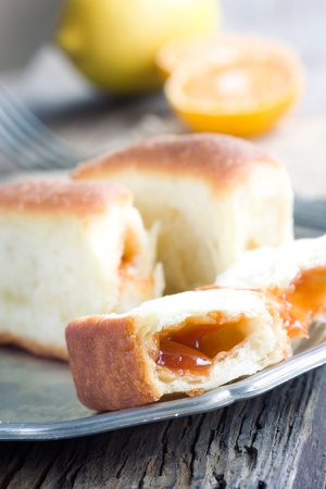 Delicious jam rolls. Baked pastry filled with fruit marmelade.の写真素材