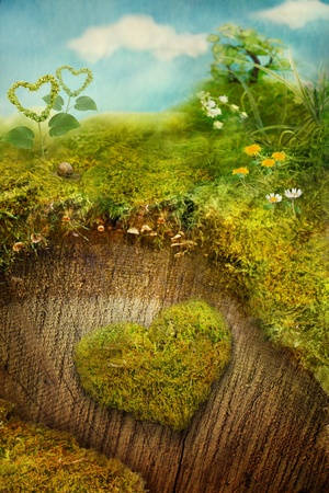Valentine's day holiday card with nature. Heart made of moss on a tree bark with miniature landscape and spring symbols.の写真素材