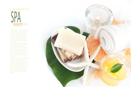 Spa setting with beauty products, shampoo and bath saltの写真素材