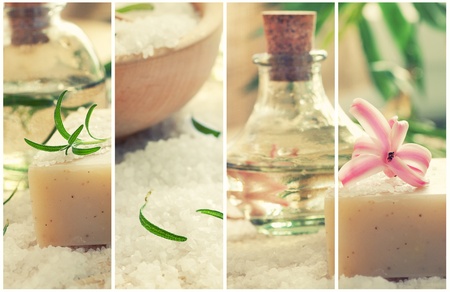Spa series. Wellness dayspa collage with floral water, bath salt, candles and towel.の写真素材
