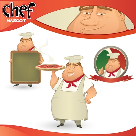 Vector chef - Italian restaurant mascot. Cartoon character with menu board, pizza and badgeのイラスト素材