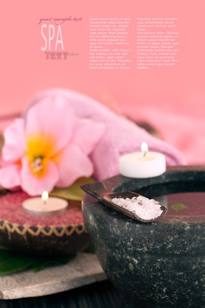 Spa setting in pink tones with mortar and bath salt and copyspaceの写真素材
