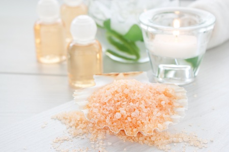 Spa setting with beauty products, shampoo and bath saltの写真素材