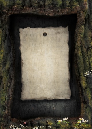 Vintage paper on wood background. Nature spring forest design in wooden frame with ladybug and flowers and burned paper.の写真素材