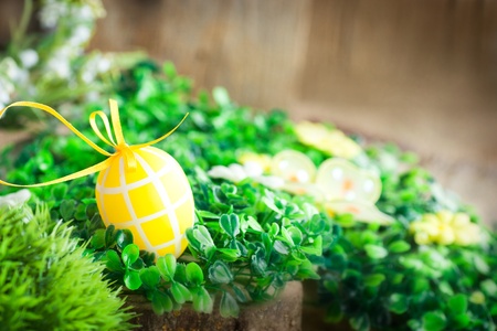 Colorful Easter holiday concept with yellow eggs  in natureの写真素材