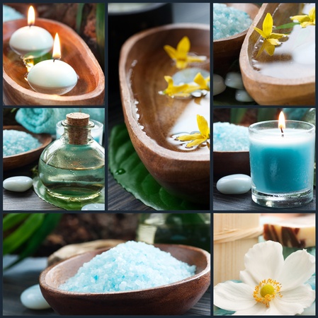 Spa collage series  Spa collage made of five images  Floral water, bath salt, candles and towel の写真素材