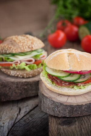 Delicious ham, cheese and salami sandwich with vegetables, lettuce, cherry tomatoes in natural setting with wooden backgroundの写真素材