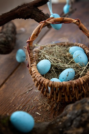 Easter decoration background with blue eggs on wooden backgroundの写真素材