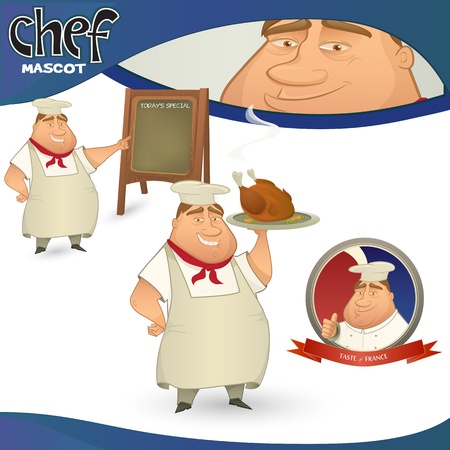 Vector chef - French restaurant mascot. Cartoon character with menu board, chicken and badgeのイラスト素材