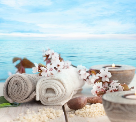 Spa and wellness setting with natural soap, candles and towel  Beige dayspa nature setの写真素材