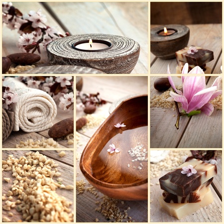 Collage of spa products. Treatment water, natural soaps, candles, bath salt, towels in beige brown setting.の写真素材