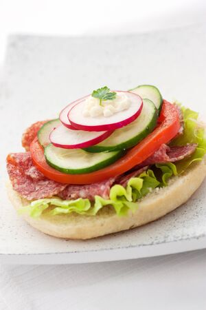 Delicious ham, cheese and salami sandwich with vegetables, lettuce, cherry tomatoesの写真素材