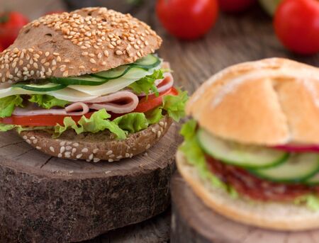 Delicious ham, cheese and salami sandwich with vegetables, lettuce, cherry tomatoes in natural setting with wooden backgroundの写真素材