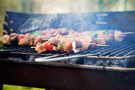 Spring barbecue: Chicken and vegetables barbecue in the gardenの写真素材