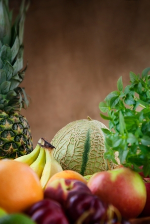 Organic Fruit variety on wood. Tropical exotic food concept.の写真素材