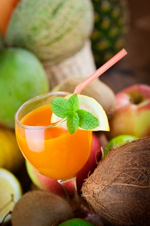 Organic Fruit variety on wood. Tropical exotic food concept.の写真素材