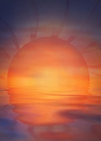 Summer background with colorful sunset and ocean or sea reflection on water surface.の写真素材