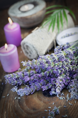 Lavender spa setting. Wellness theme with lavender products.の写真素材