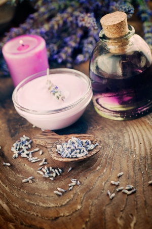 Lavender spa setting. Wellness theme with lavender products.の写真素材