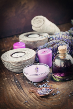 Lavender spa setting. Wellness theme with lavender products.の写真素材