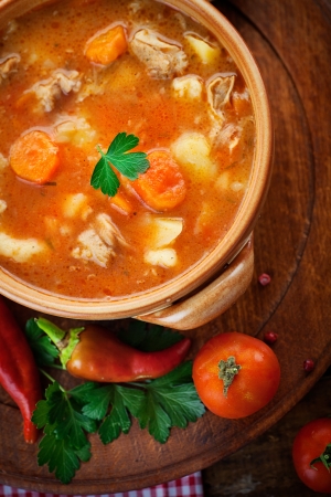 Delicious veal stew soup with meat and vegetables on wood の写真素材