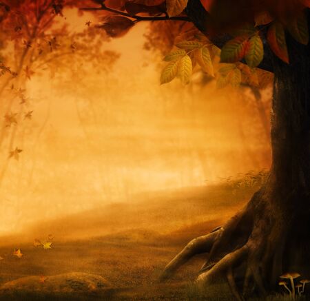 Autumn design - Forest in fall. Autumn valley with mushrooms Falling leaves and bird house in he background.  Space for your autumnal text.
Fall background concept with copyspace.の写真素材