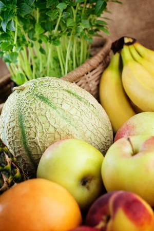 Organic Fruit variety on wood. Tropical exotic food concept.の写真素材