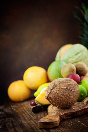 Organic Fruit variety on wood. Tropical exotic food concept.の写真素材
